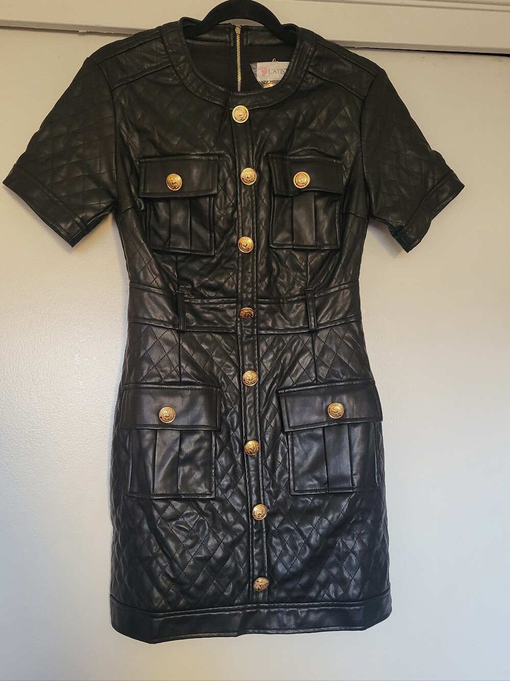 Black Quilted Faux Leather Military Button Mini Dress Gold Button Pocket Detail